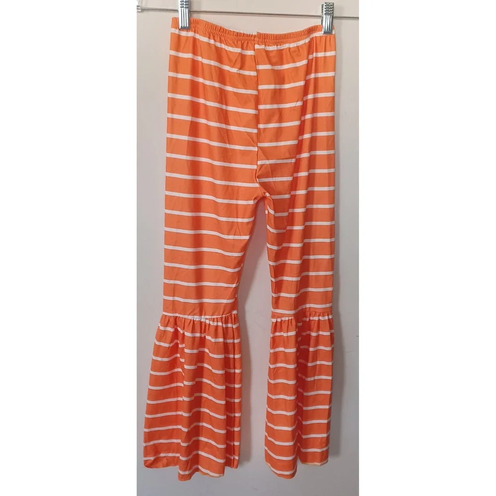 2pc Girl Highland Cow Sequin / Orange Striped Bell Bottom‎ Flare Pant Set 14-16T